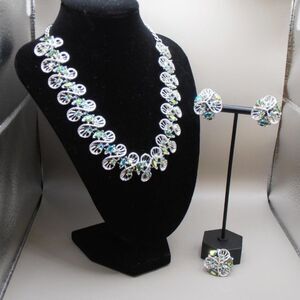 VTG DODDS AB Rhinestone Necklace & Clip-On Earring Set Filigree Silver Tone 16”